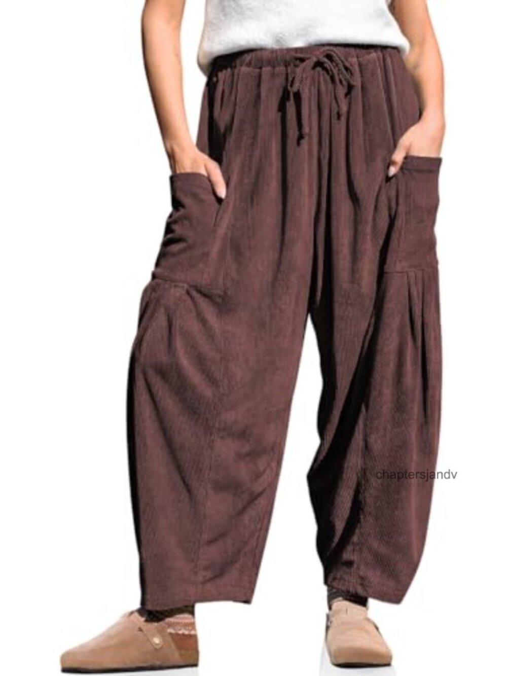 Corduroy Barrel Pants Womens Wide Leg Drawstring Elastic Waist with Pockets